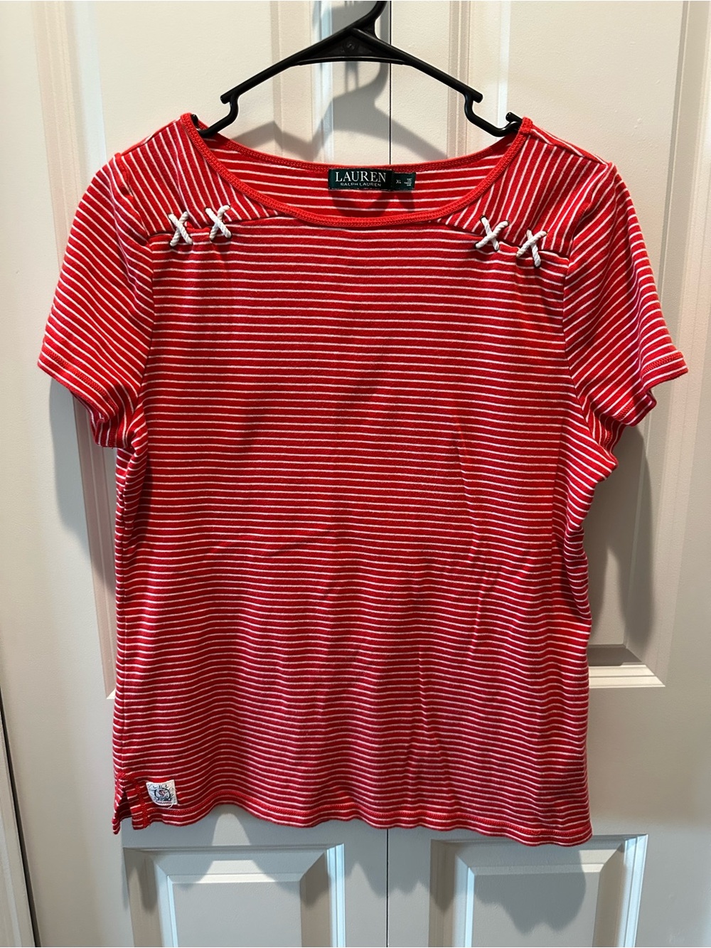 Lauren Ralph Lauren Red & White Striped Short Sleeve Top 100% Cotton Size XL